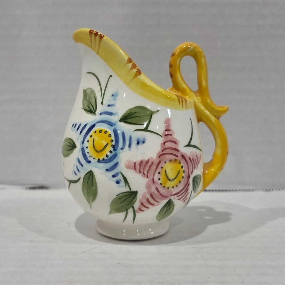 Vintage Hand Painted Floral Ceramic Mini Creamer Pitcher Yellow Ribbon Handle
